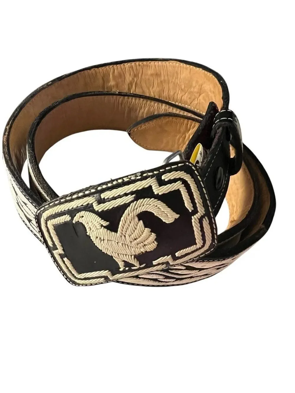 Vintage Rooster Belt Embroidered Buckle Leather Rockabilly Black White XL